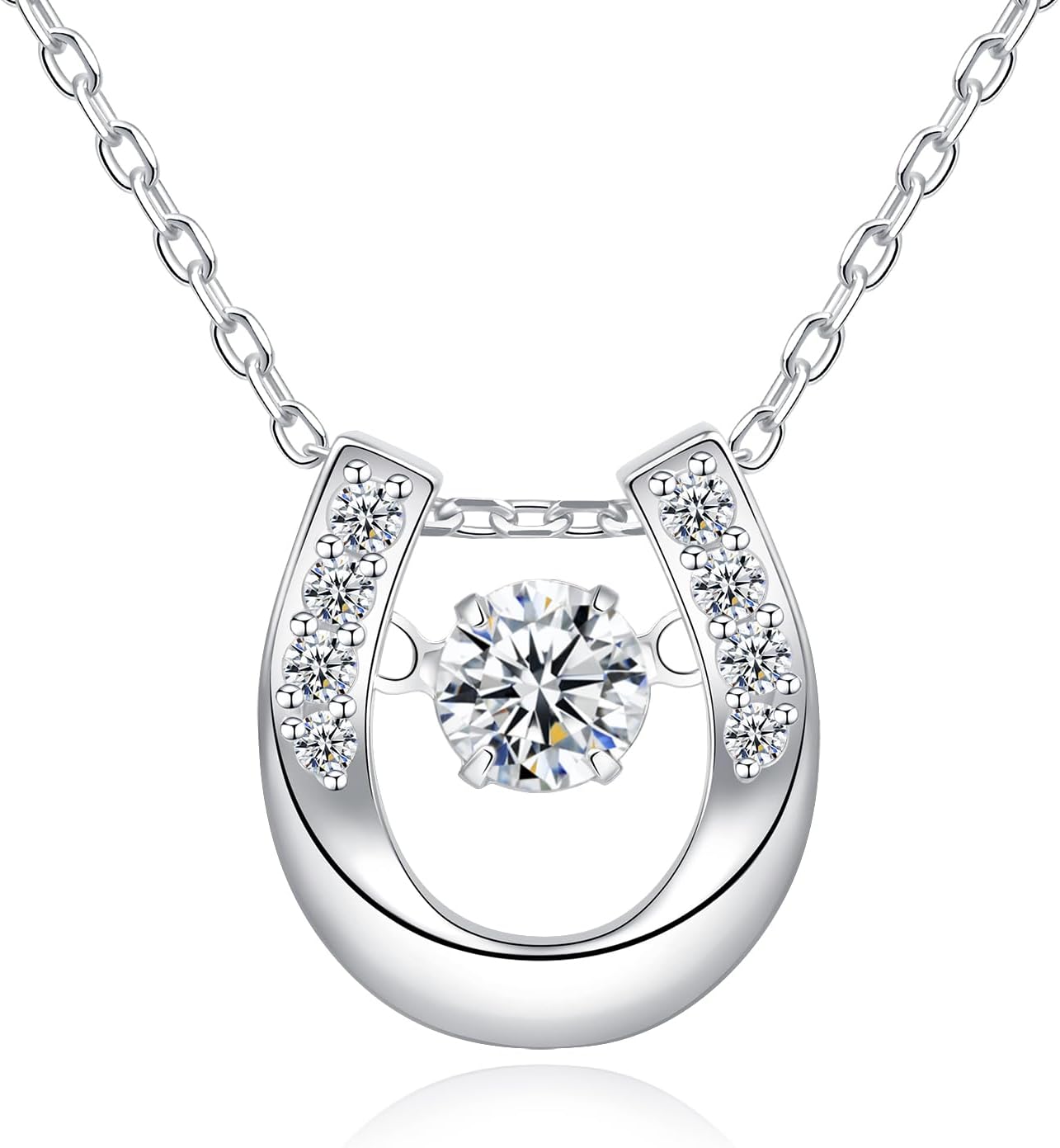 925 Sterling Silver Birthstone Horseshoe Necklace Dacing CZ Cute U Lucky Pendant Horse Jewelry for Women