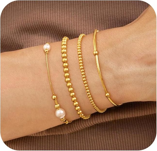 HABIKIP Gold Beaded Bracelets for Women, Dainty 14k Gold Plated Bracelet Stack Charm Stackable Bracelets Waterproof Adjustable Bracelet Sets Non Tarnish Jewelry Accessories for Women Christmas Gifts