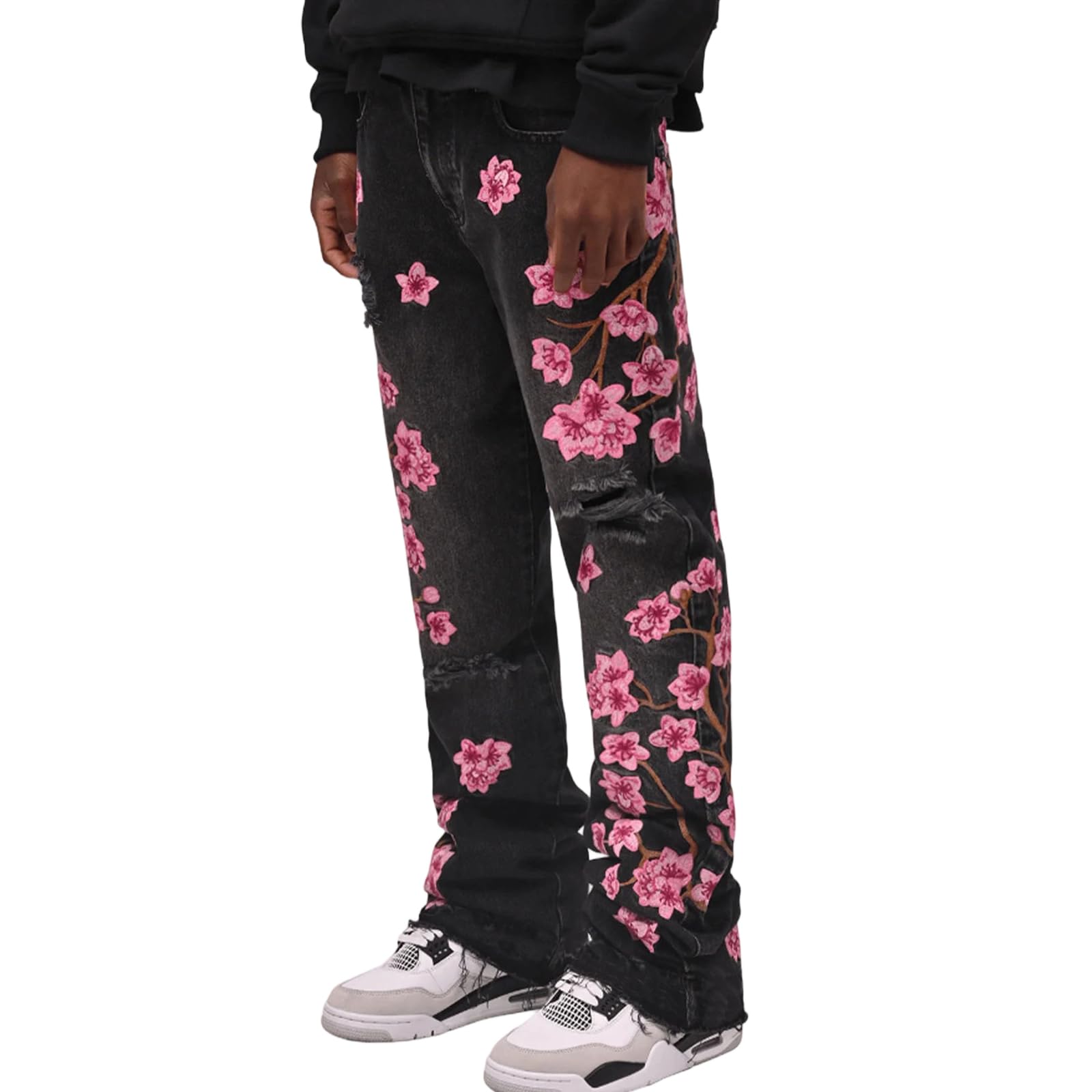 Męskie dżinsy z kwiatowym haftem Hip Hop, proste nogawki, modowe, casualowe spodnie denimowe, streetwear