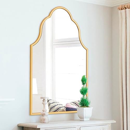 Chende Gold Scalloped Mirror, 40'' x 28'' Decorative Mirror with Wooden Frame, Elegant Arched Mirror for Living Room, Bathroom, Entryway