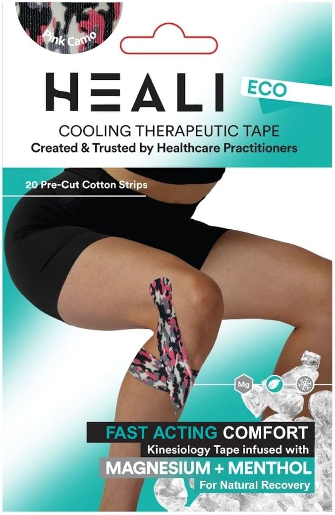 Heali Kinesiology Tape with Magnesium and Menthol, 20 Pcs Precut Strips, K Tape Roll, Knees, Sports Tape, Water Resistant - Eco - Pink Camo