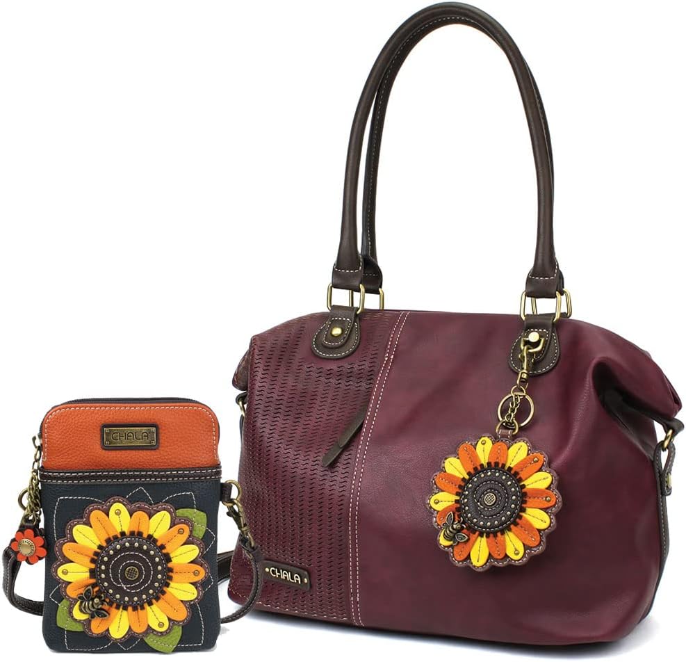 Chala Handbags LaserCut Totes Shoulder Purse with Matching Wallet Gift Set (Plum Sunflower Tote & Cellphone Crossbody Gift Se)