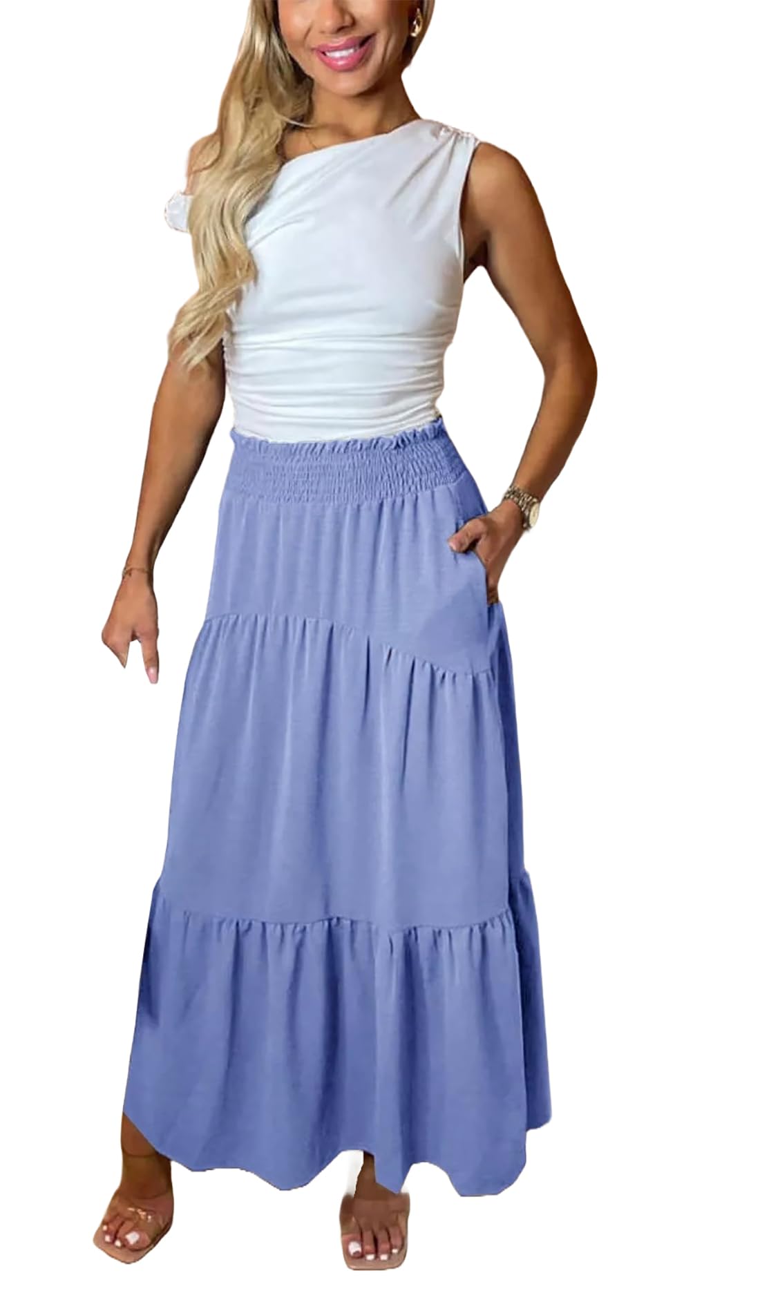 Fairy Trendz Women's Baby Blue Long Length Sheering Maxi Skirt Elasticated High Waist Flared Long Skirt A Line Pleated Skirt With Pocket ( Uk 16)