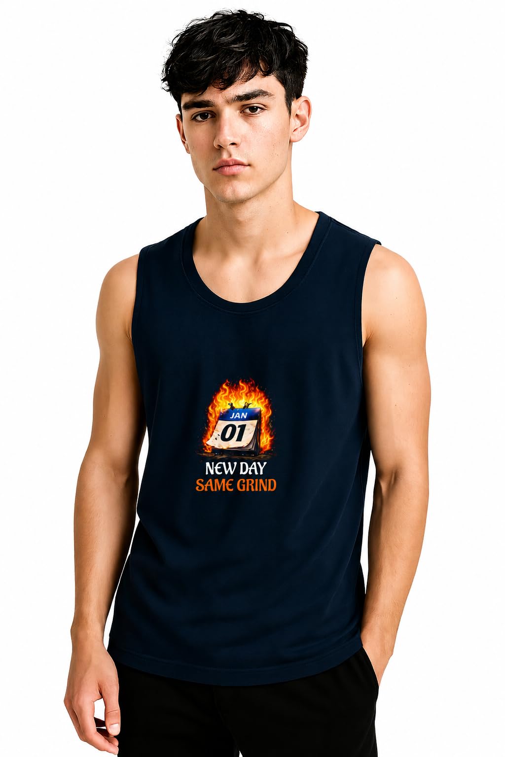 Men's Cotton Sleeveless Tank Top | New Day Same Grind Motivational Graphic Print Vest | Round Neck Gym Workout Muscle T-Shirt-image-27