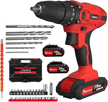 21V Cordless 2-Gear Combi Hammer Drill Red, Portable Drill Driver, 2x1.5Ah Lithium-Ion Power Tool 3/8" Chuck Power Drill Drivers, Electric Screwdriver with 25+1 Torque, Kitbox and LED Light