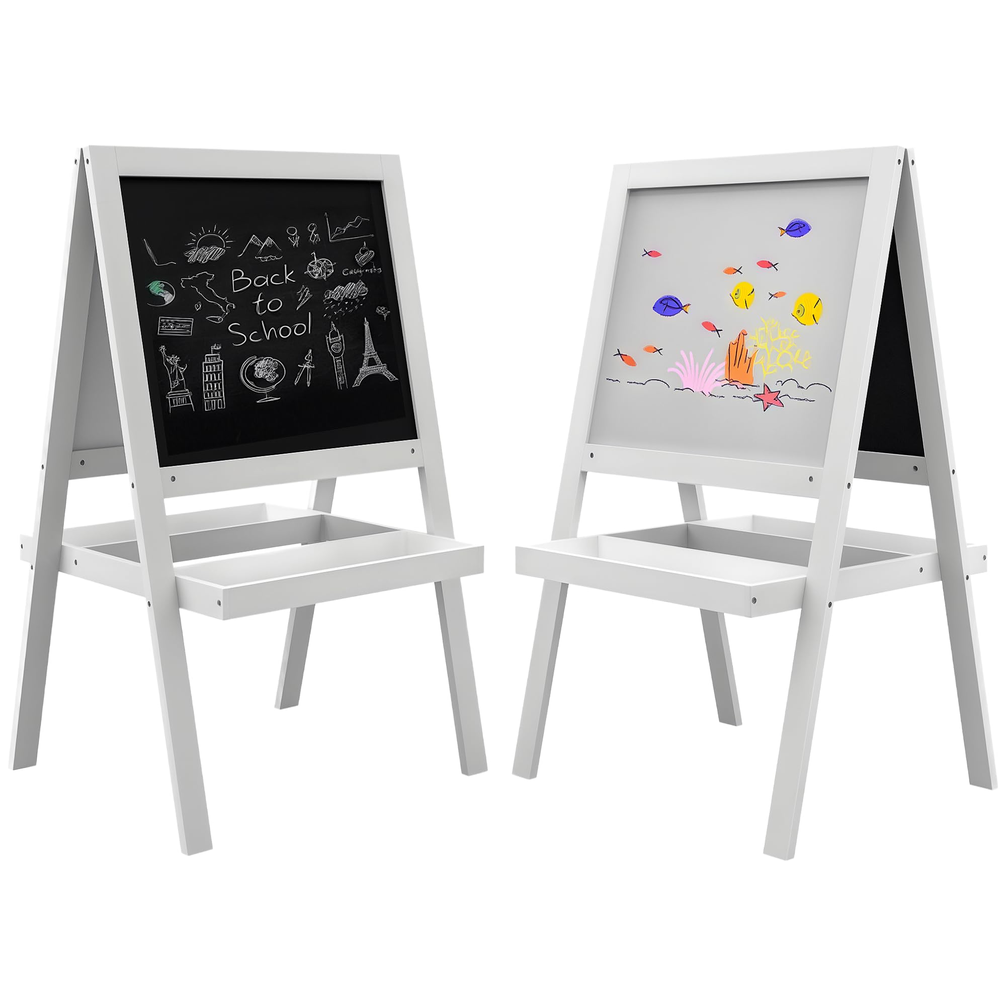 AIYAPLAY Tableau Chevalet Enfant 2 en 1 - Face Ardoise Magnétique et Face Tableau Noir à Craie - 2 Plateaux de Rangement Intégrés - Blanc
