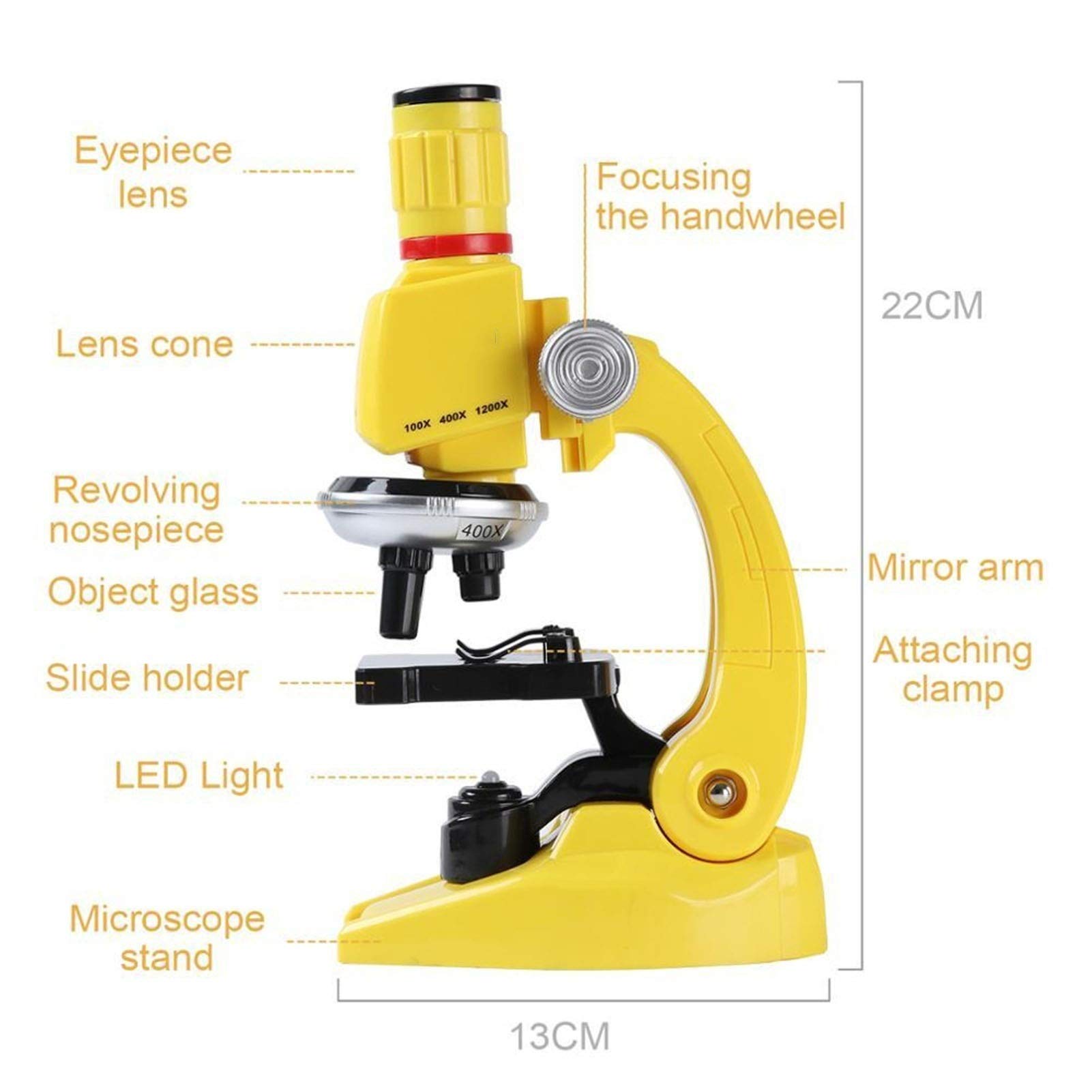 Microscopio, Kit de microscopio, 100x-400x-1200x con Diapositivas, Caja Transporte, LED refinados Instrumentos científicos Juego Juguetes for niños Regalo cumpleaños