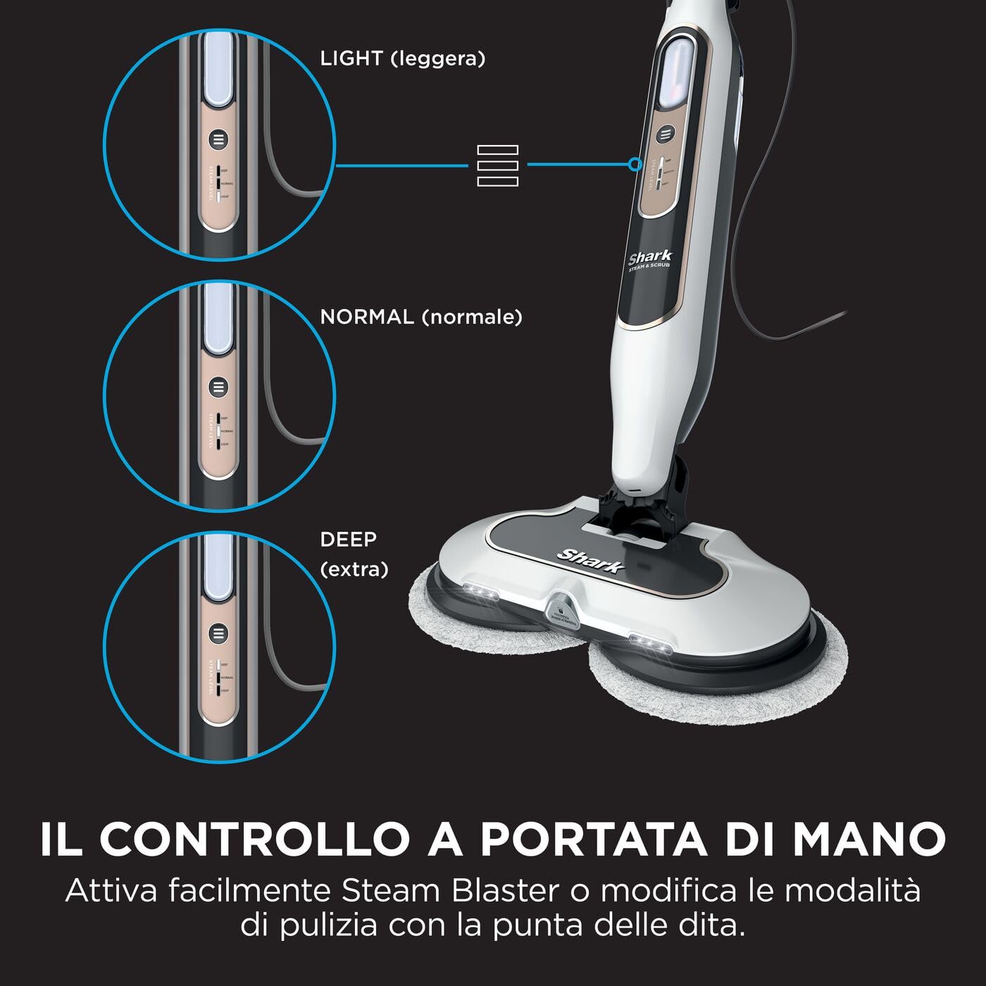Shark Steam Mop, Scopa a Vapore Lavapavimenti Automatico con Steam Blaster, 2 Panni Lavabili Rotanti, 3 Modalità, Igienizza, Rimuove Macchie e Sporco, Tutti i Tipi di Pavimenti, Bianco/Grigio, S8201EU