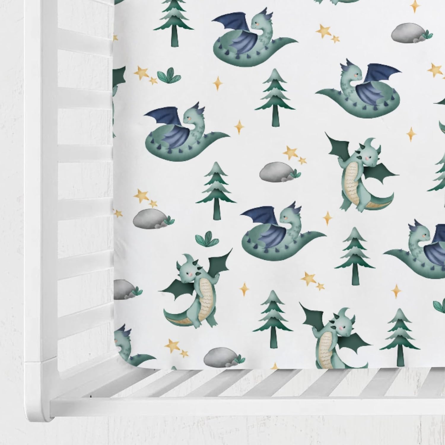 Cartoon Fairy Tale Dragon Trees Stars Baby Crib Sheets 52''x28'' Watercolor Dragons Stretchy Fitted Crib Mattress Cover for Boy Girl Soft Bed Sheet for Standard Crib and Toddler Mattress