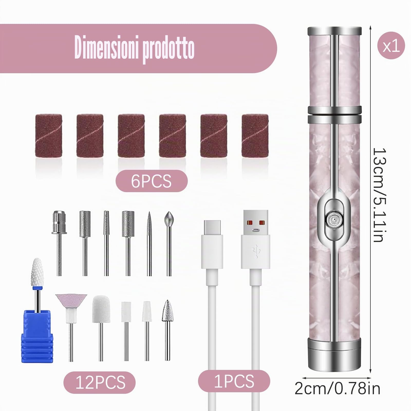 Fresa per unghie professionale con 12 testine lucidanti, 6 grane, 4 velocità regolabili, ricarica senza cavo, lima elettrica per unghie di mani e piedi, rimuove gel, pedicure e manicure