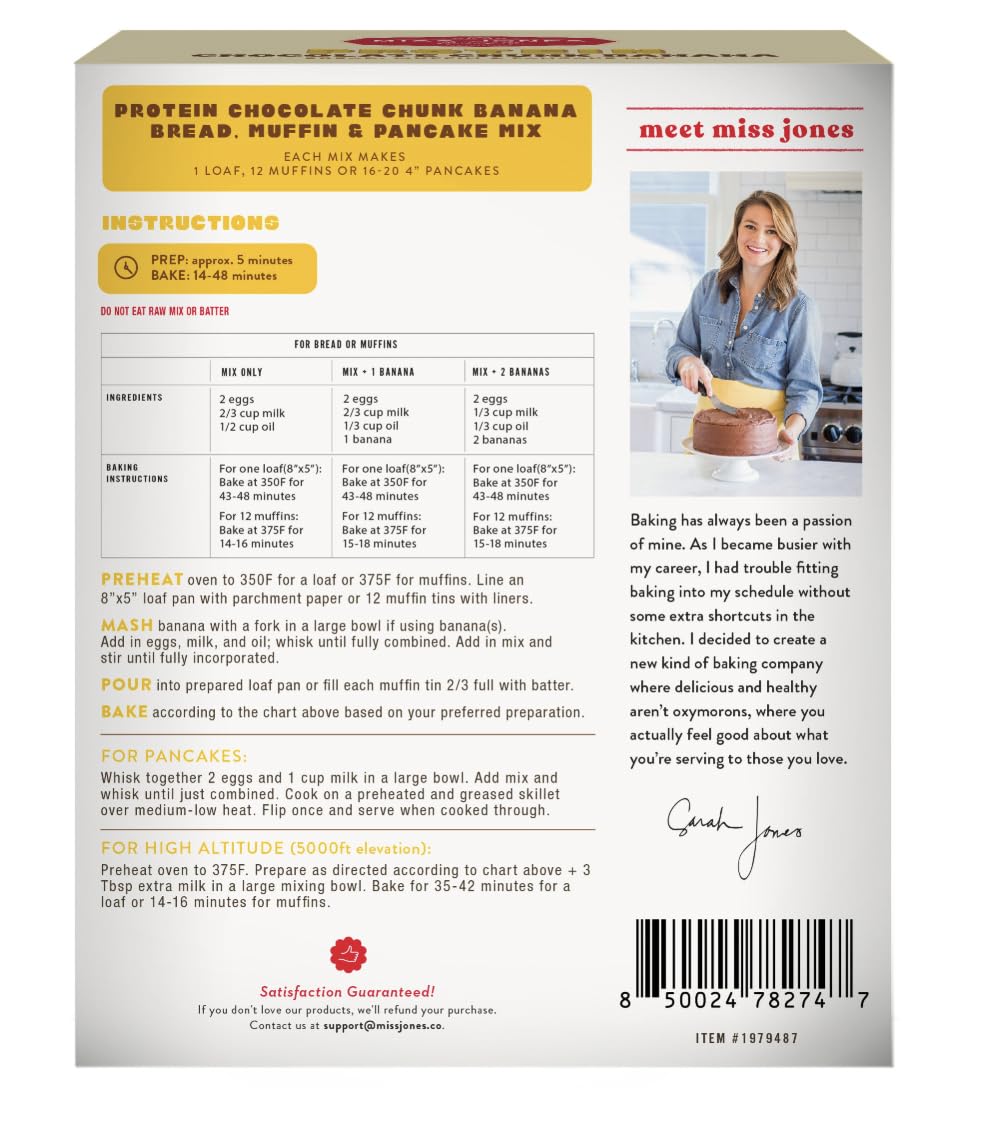 Miss Jones Protein Chocolate Chunk Banana ~ 3-14 OUNCE BAGS ~ Bread, Muffin and Pancake Mix