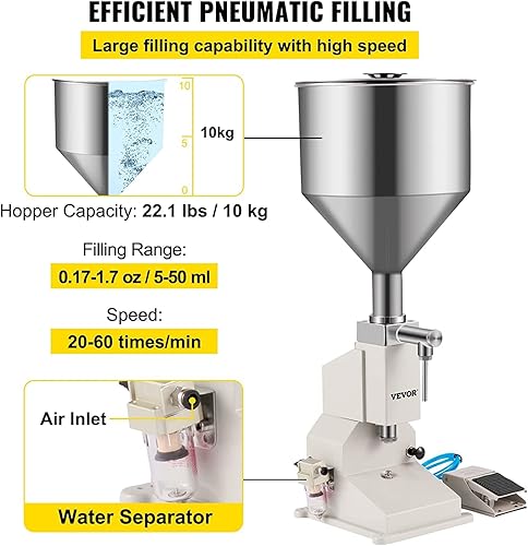 Miniatura 4 de VEVOR Tolva de llenado de líquido neumático A02 10L, máquina de llenado de pasta semiautomática 0.2-1.7 fl oz