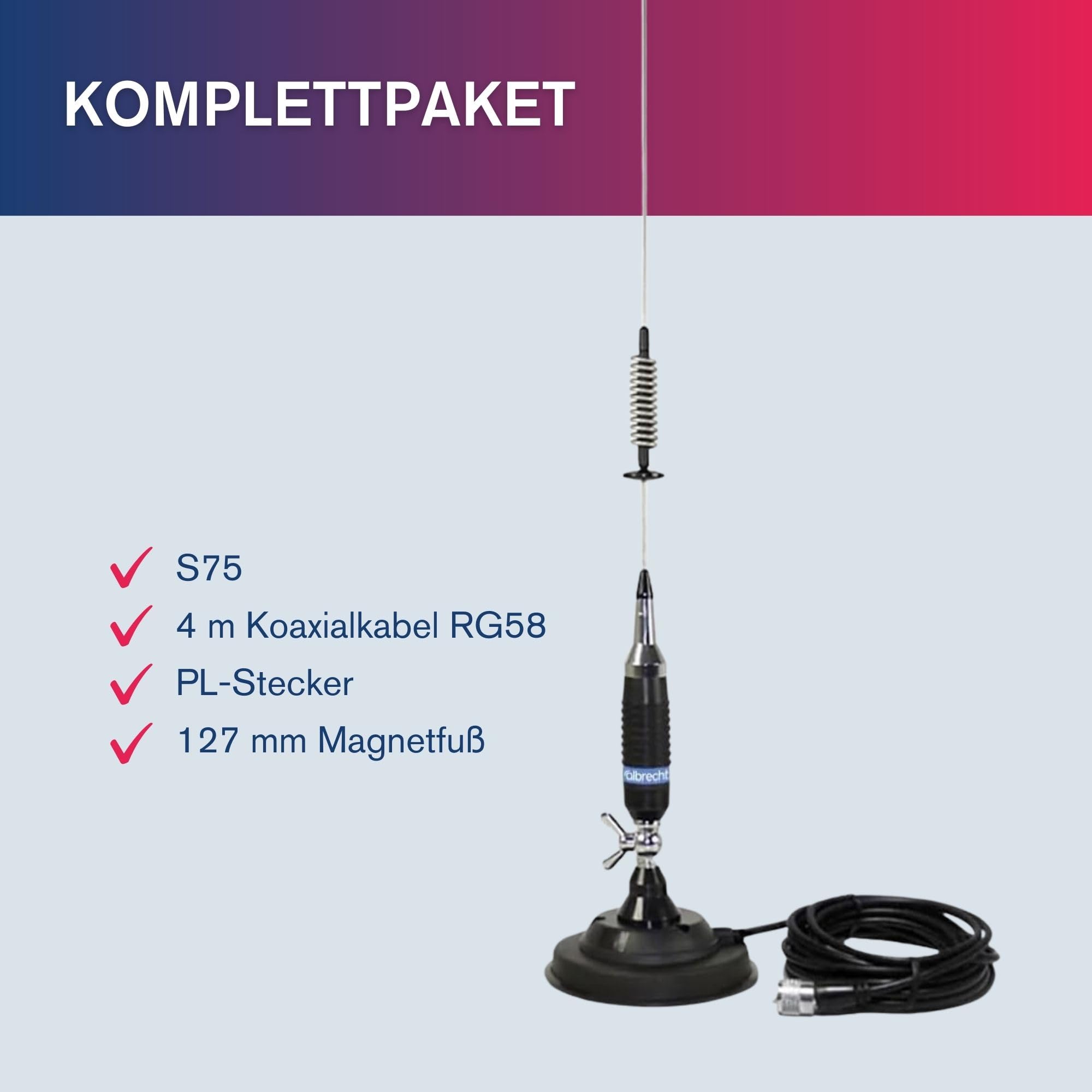 Albrecht S75 CB-Funk Antenne, Mobil-Antenne mit Magnetfuß 127 mm, 76 cm Gesamt-Länge, Komplett-Set inkl. 4 m Kabel & PL-Stecker, neigbar, aus Edelstahl