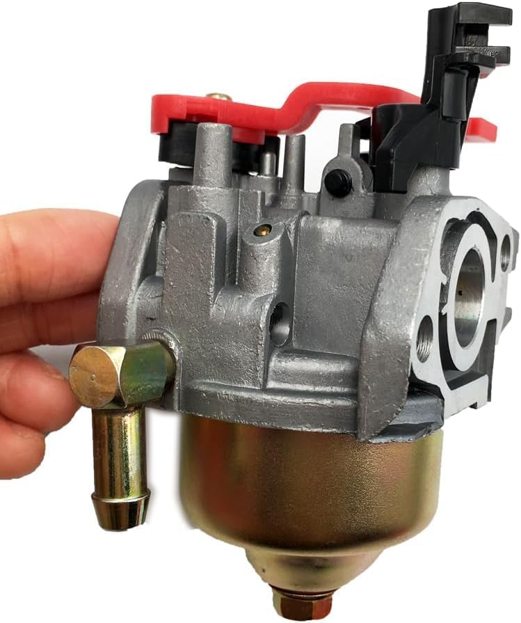 Side view of the carburetor, showing the fuel line connection point and mounting holes.