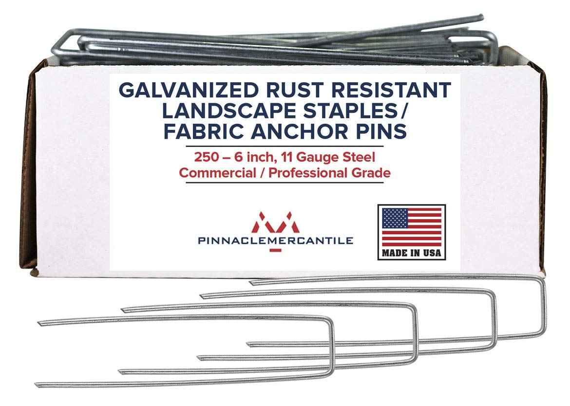 Pinnacle Mercantile USA Made 250 Pack Garden Landscape Staples Weed Barrier Fabric Stakes Galvanized 6 inch Pins Anti Rust Sod Staple 11 Gauge Steel