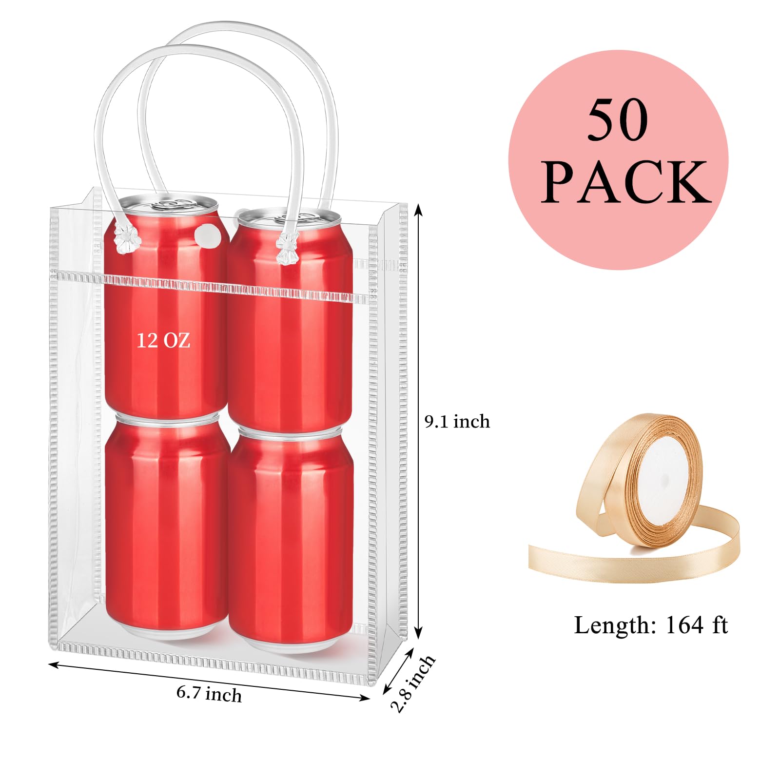 mauproy Paquete de 50 bolsas de regalo de plástico transparente con asas, bolsas de recuerdo de fiesta con cintas y etiquetas, bolsas de regalo reutilizables para bodas, baby shower (6.7 x 9.1 x 2.8