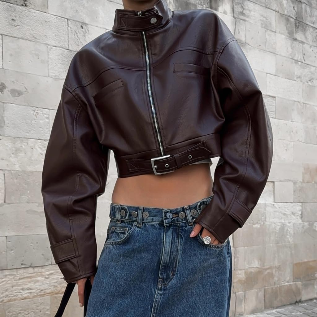 Cropped Leather Jacket Women Waist Buckle Strap Stand Collar Faux Leather Streetwear Cropped Bomber Jacket Women