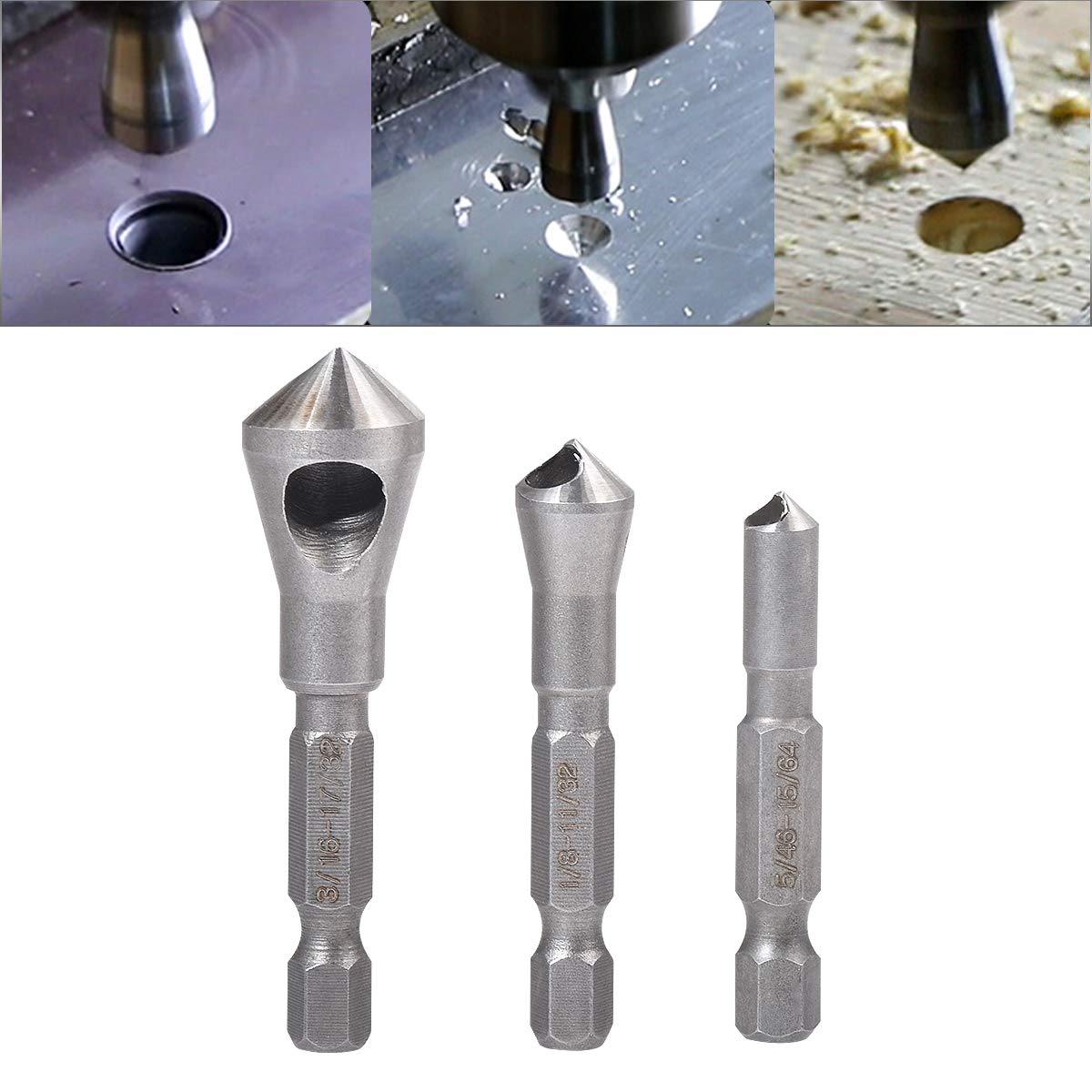 3 Pcs Countersink Chamfer Drill Bits - 5/64", 1/8", 3/16", High Speed Steel 1/4" Hex Shank Deburring Tool Set for Wood, Metal, Fiberboard, Plywood, Plastic, PVC
