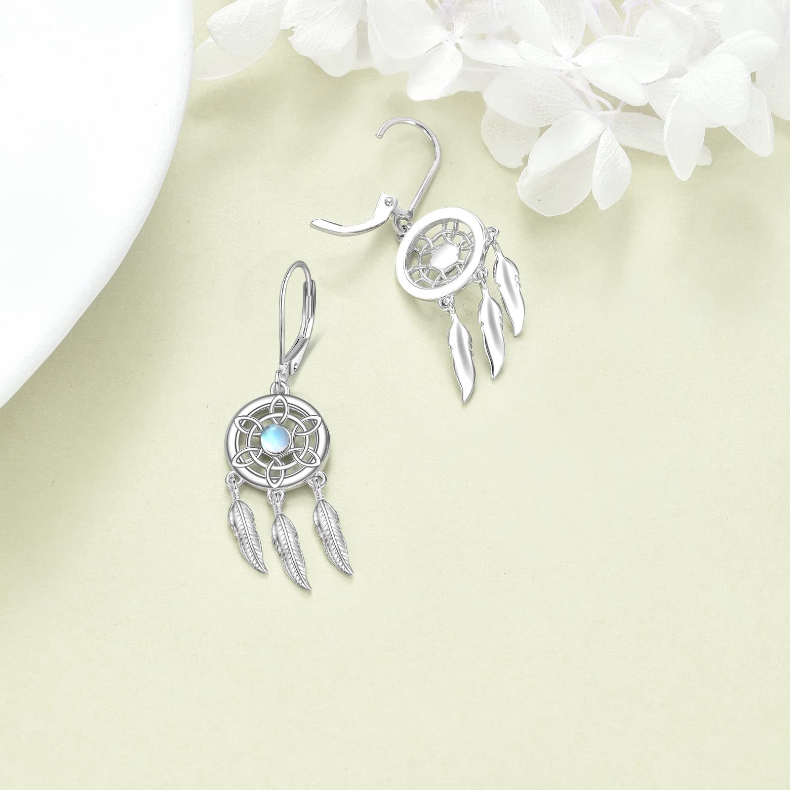 VONALA Pendientes de atrapasueños, plata de ley 925, piedra lunar, cierre de palanca, plumas celtas, colgantes, joyería bohemia, regalos para mujer