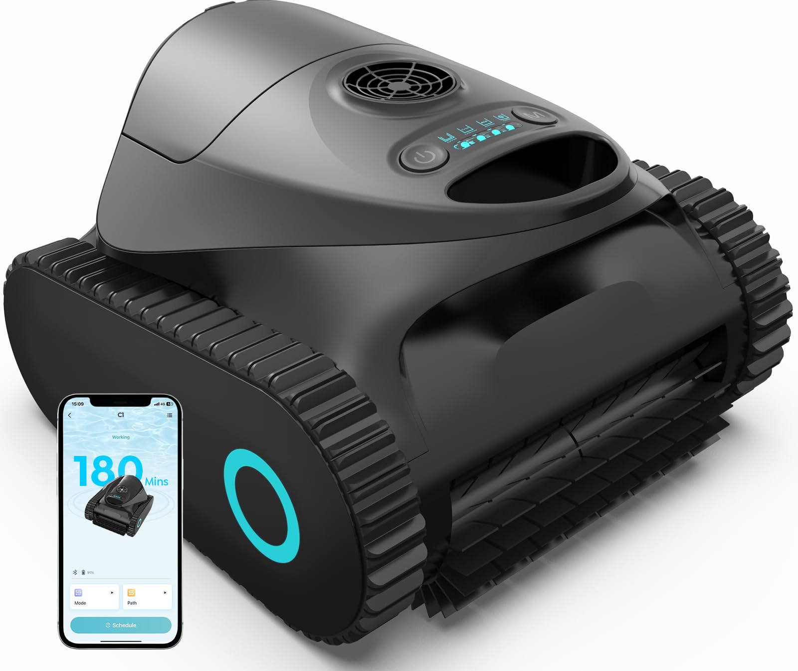 C1 Robot Piscina Limpiafondos y Paredes, Línea de Flotación,180 Min | Filtrante 180μm y Esponja 35ppi,de Autonomía, Aspirador Piscina Inalámbrico con Control por APP,hasta 150 m²,Nero Inchiostro