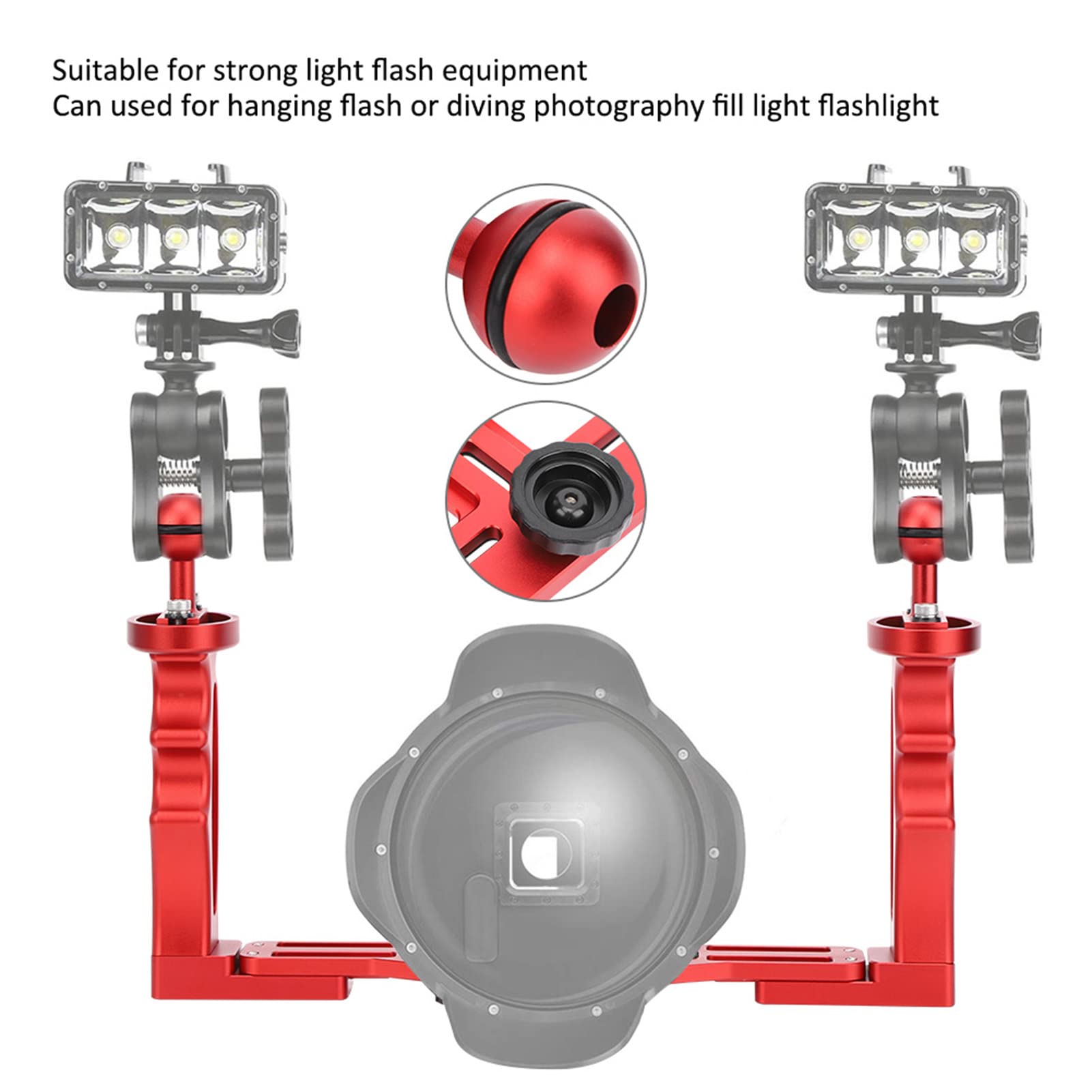 Yuecoom All Metal Dual Handheld Hand Grip Diving Flashlight Bracket Underwater Sports Camera Holder Stabilizer for Strong Light Flash Equipment(Red)