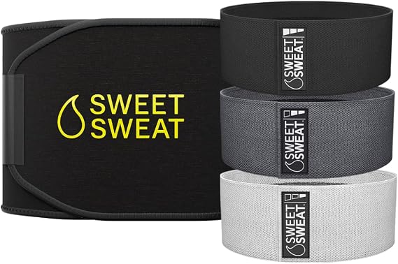 Sports Research Workout Bundle - Sweet Sweat Core Series Waist Trimmer (Black/Yellow, Medium) & Gray Hip Bands Bundle