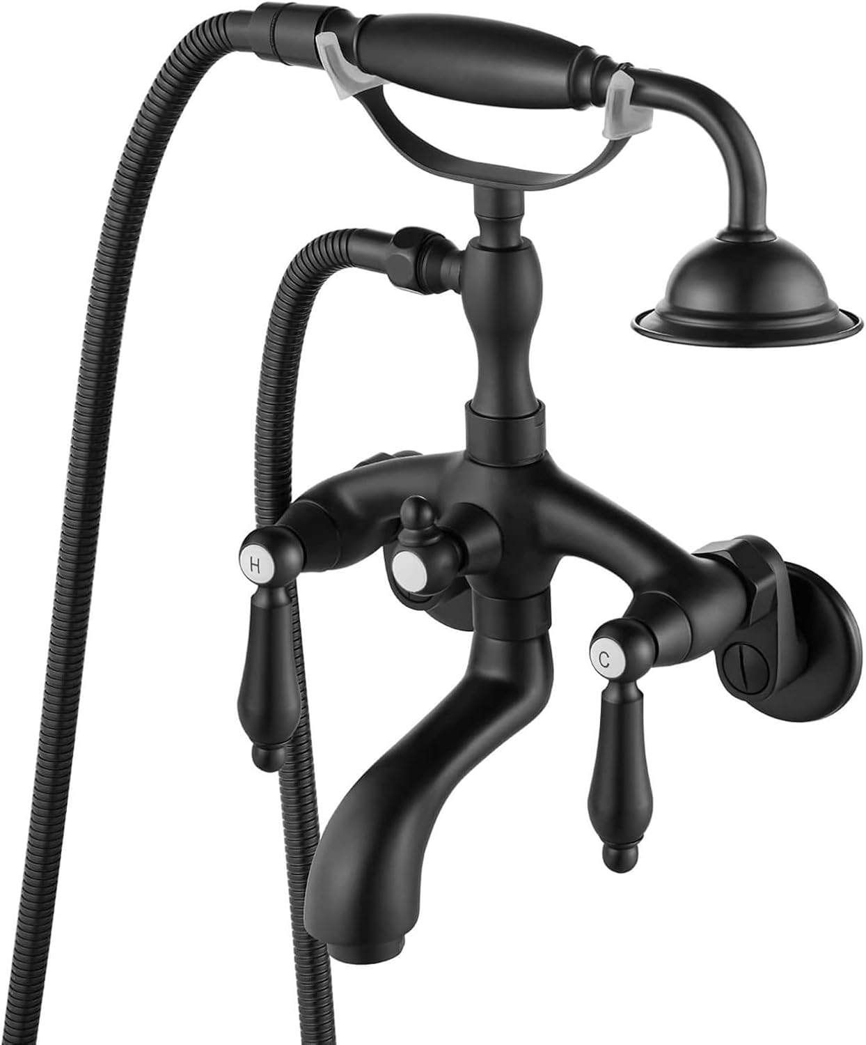 gotonovo Wall Mount 3 3/8 Clawfoot Tub Faucet for Bathtub with Hand Held Shower Sprayer Double Level Handle with Hot and Cold Water Adapter Adjustable Swing Arms Matte Black