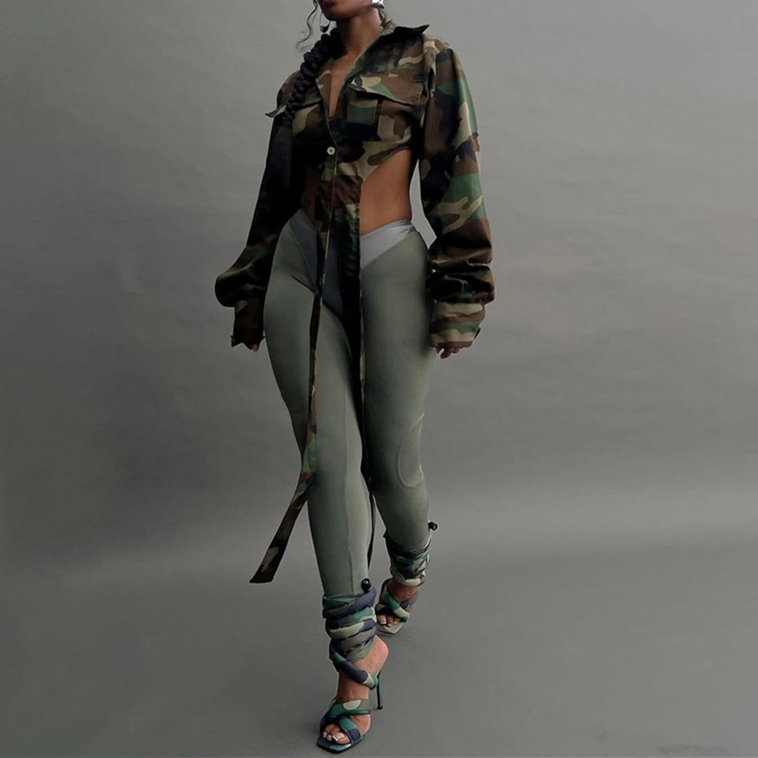 Womens Summer Cute Camo Button Down Cropped Jean Jacket Casual Lapel Outwear Denim Shirts Blouse Top - Image 3