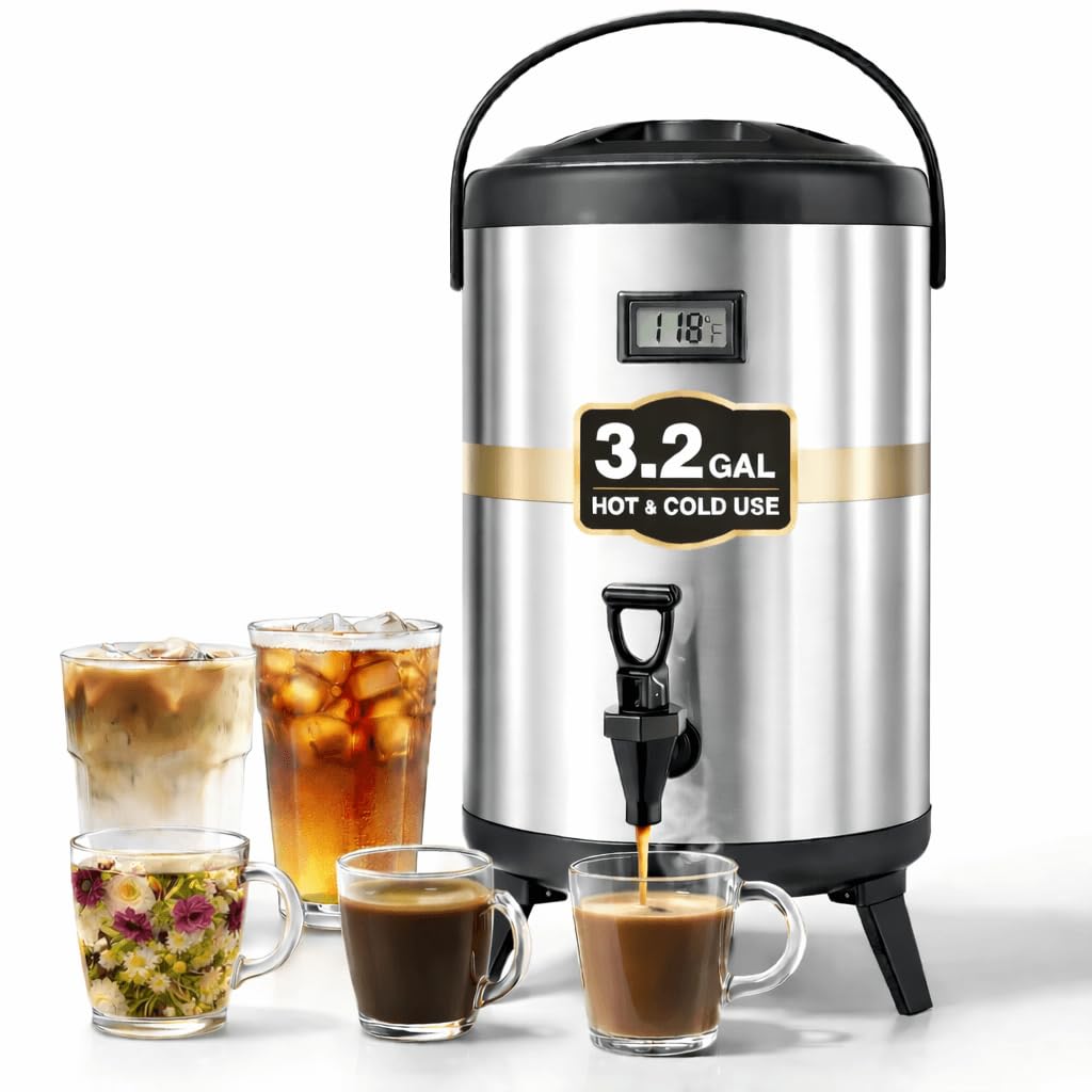 Dispensador de bebidas aislado de 3.2 galones, servidor térmico de café y bebidas de 12 litros con espiga, recipiente de bebidas frías y calientes no eléctrico para jugo, té, leche o chocolate