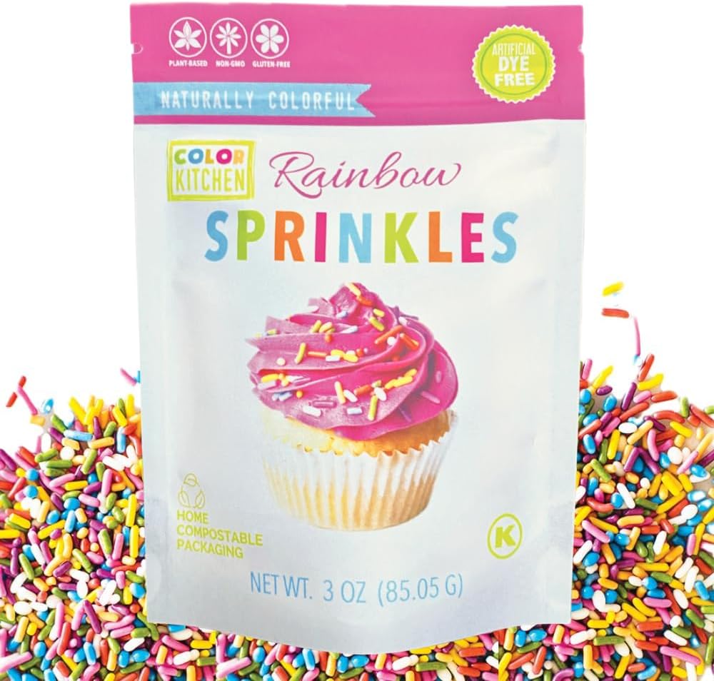 Rainbow Sprinkles Natural Ingredients Baking Cake Decorations, Ice Cream, Cookie, Artificial Dye-free, Plant-Based Colors, Gluten-Free, Non-GMO, No Hydrogenated Oils, Soy-Free, Kosher, 3 OZ