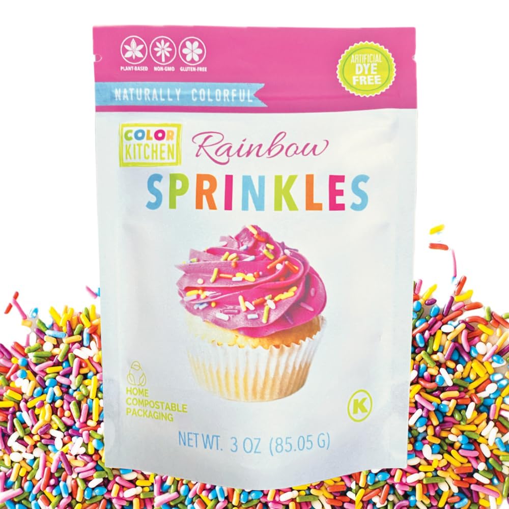 Color Kitchen Rainbow Sprinkles Natural Ingredients Baking Cake Decorations, Ice Cream, Cookie, Artificial Dye-free, Plant-Based Colors, Gluten-Free, Non-GMO, No Hydrogenated Oils, Soy-Free, Kosher, 3 OZ