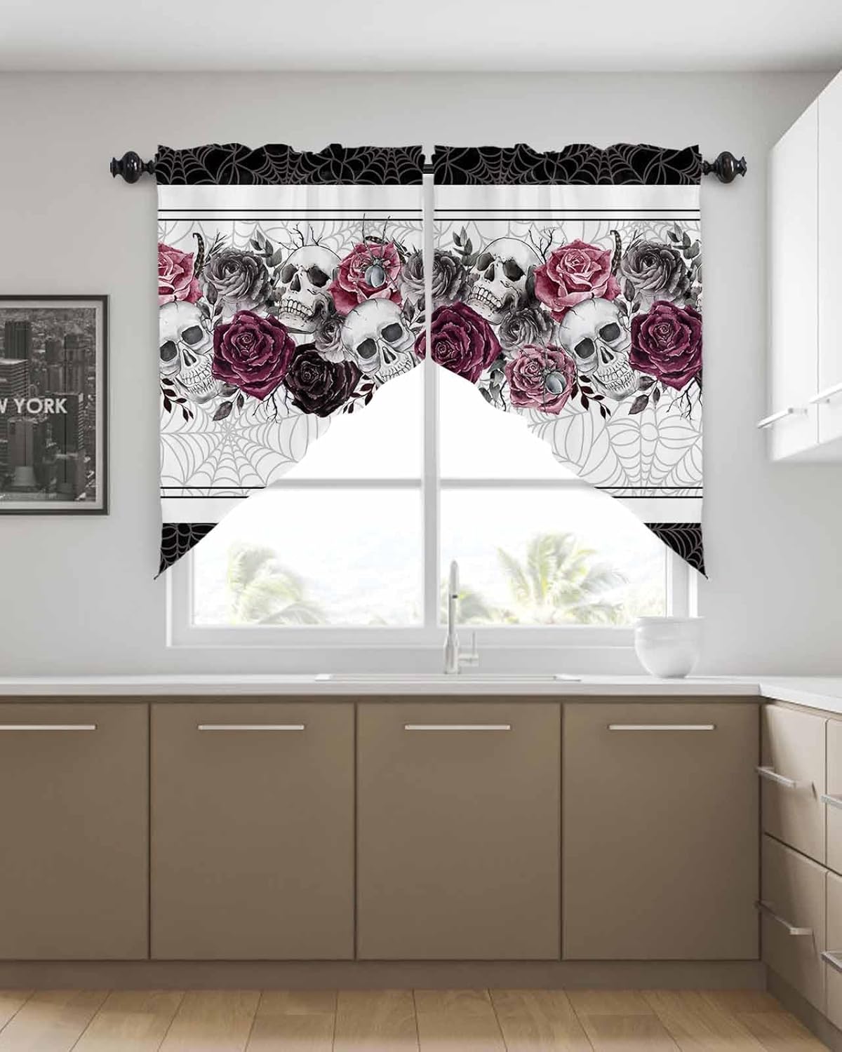 Halloween Swag Valances for Windows - Skull Valance, Black Kitchen Curtain Sets, Rod Pocket Window Curtains Over Sink, Rose Swag for Living Room Bedroom, 36x45inch, 2 Panels