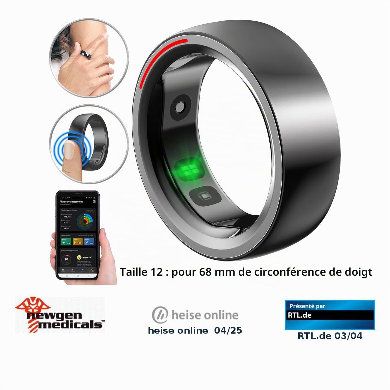 Bague connectée fitness coloris noir – Taille 12 (US) / 67-68 (FR) [Newgen Medicals]
