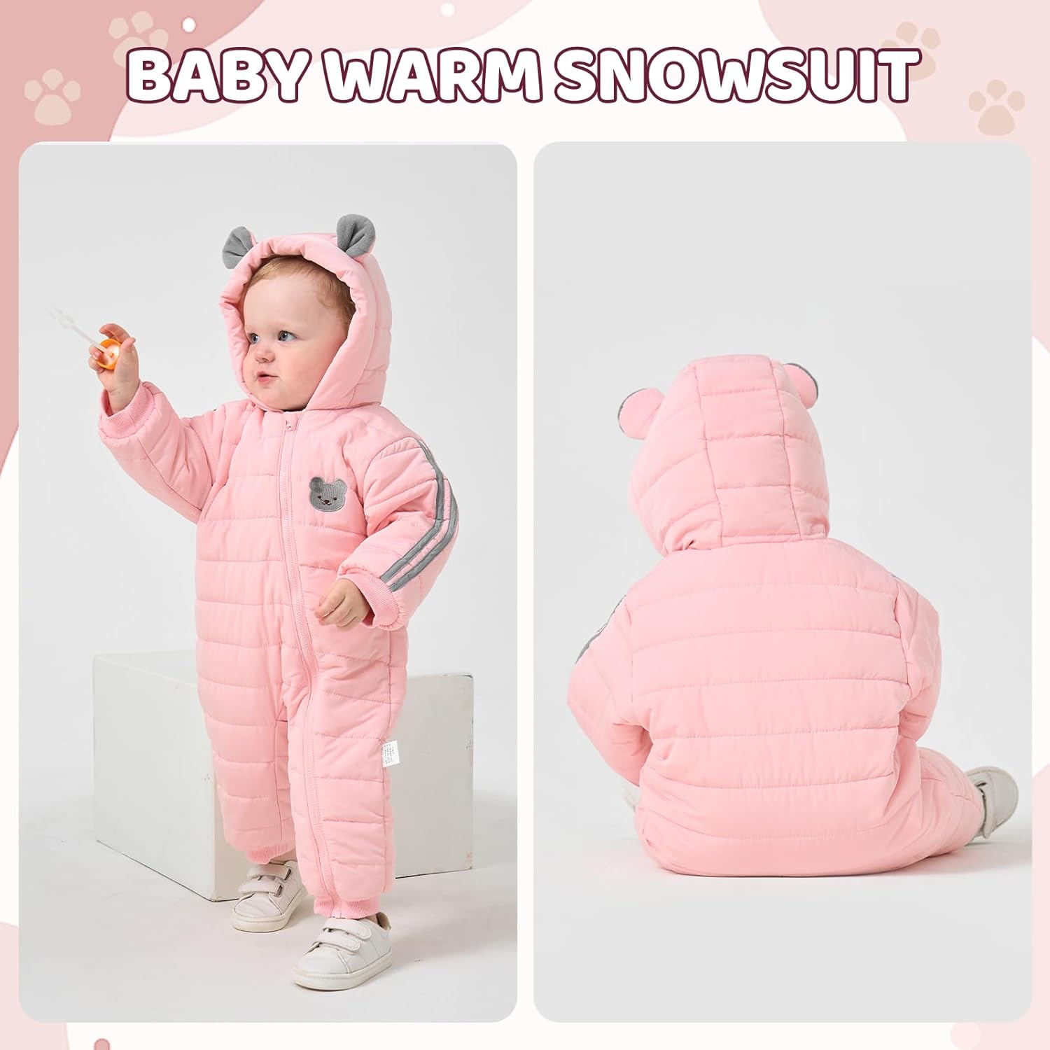 JiAmy Infant Snowsuit Hooded Baby Winter Clothes Newborn Winter Coat Baby Bear Outfit - Image 2