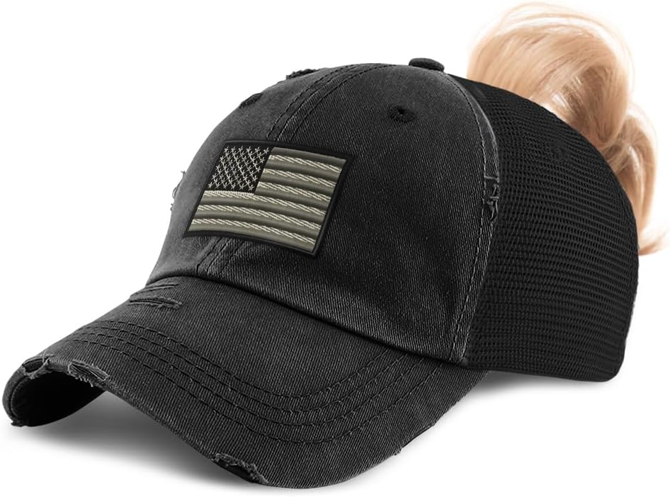 Speedy Pros Ponytail Cap Women's Baseball Cap Embroidered American Flag Blackwhite Embroidery Cotton