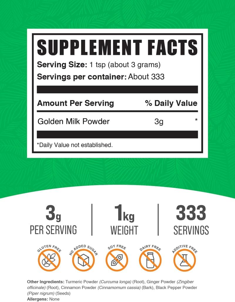BulkSupplements.com Golden Milk Powder - Golden Milk with Turmeric and Ginger, Black Pepper and Cinnamon Powder, Superfood Supplement - Gluten Free, 3g per Serving, 1kg (2.2 lbs) (Pack of 1)