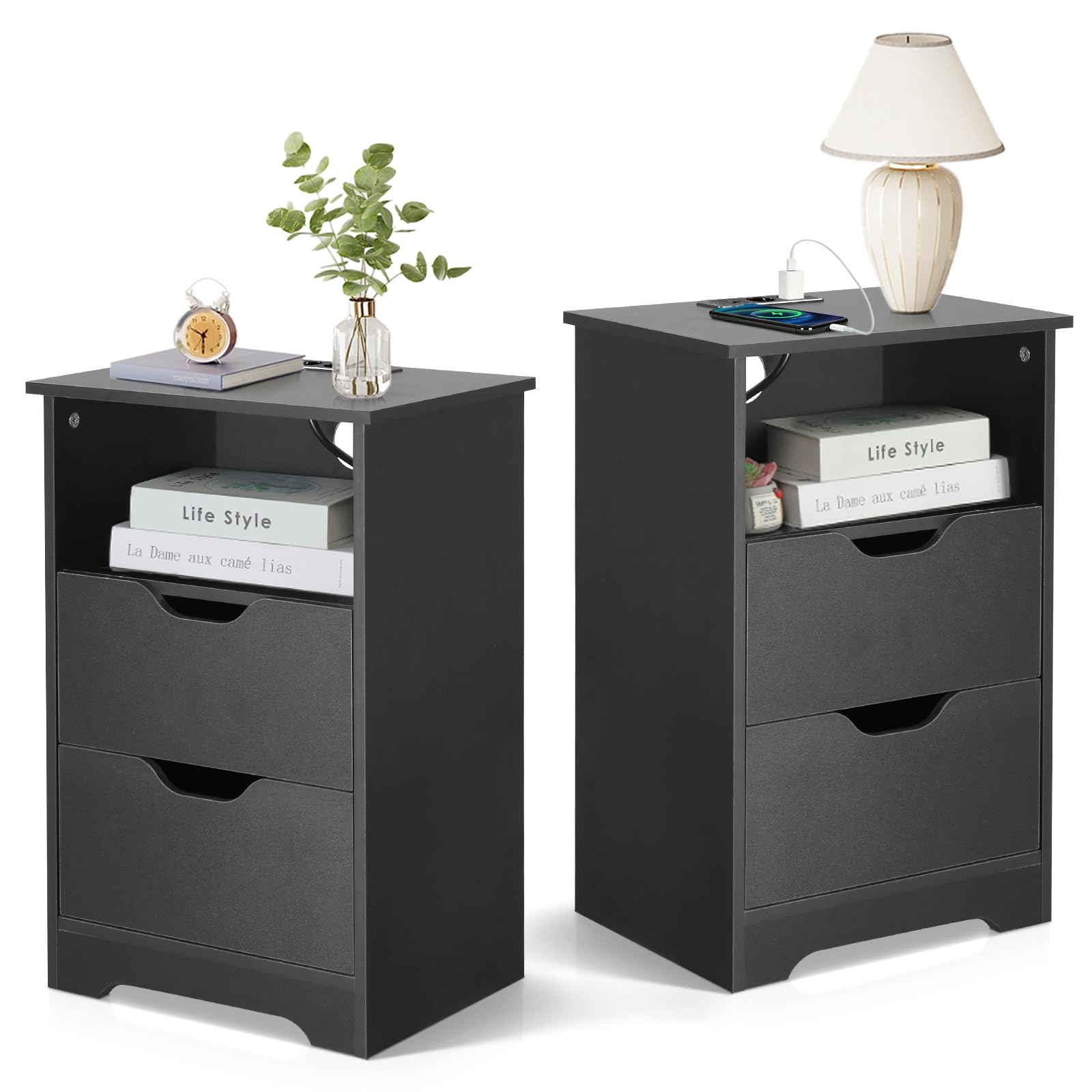 LEADZM Nachttisch 2er Set Nachttische mit Ladestation, 40x30x60cm Schwarz