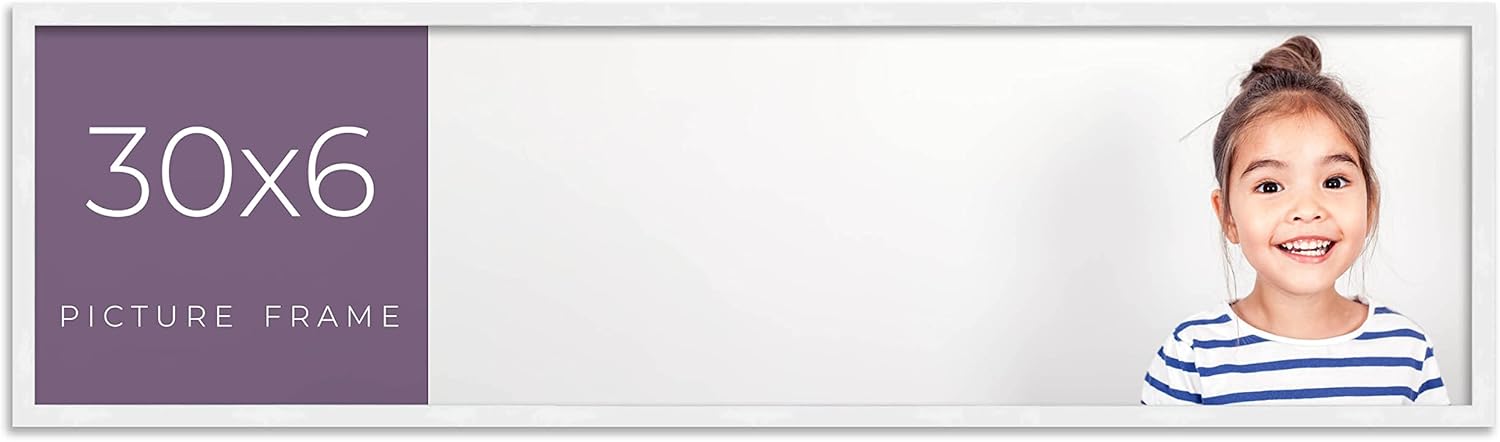 30x6 Frame White Real Wood Picture Frame Width 0.75 Inches | Interior Frame Depth 0.5 Inches | Bianca Mid Century Photo Frame Complete with UV Acrylic, Foam Board Backing & Hanging Hardware