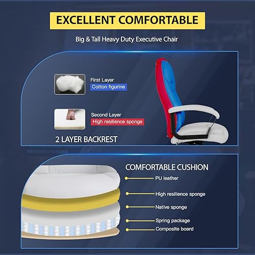 Miniatura 6 de Silla de escritorio ergonómica grande y alta de 500 libras con soporte lumbar, apoyacabezas, silla de oficina de masaje, silla giratoria de piel