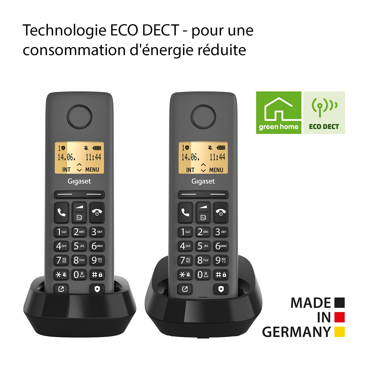 Gigaset PURE 120 Duo - 2 téléphones sans fil avec ECO DECT - écran rétro-éclairé - compatible avec les aides auditives - protection d'appel, noir anthracite