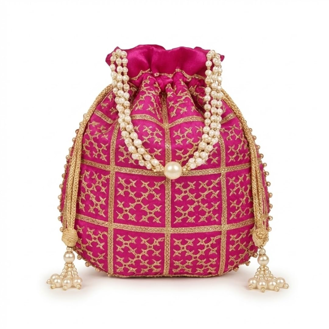 Women’s Silk Embroidered Potli Bag with Pearl Handle – Ethnic Bridal Wedding Clutch Purse, Traditional Drawstring Handbag for Party, Festive & Gifting (Pack of 1)
