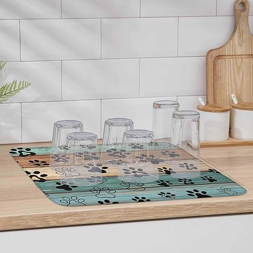 Miniatura 6 de Tapete de secado de platos con estampado de patas de perro para encimera de cocina, tapete de secado de platos de madera verde azulado, marrón