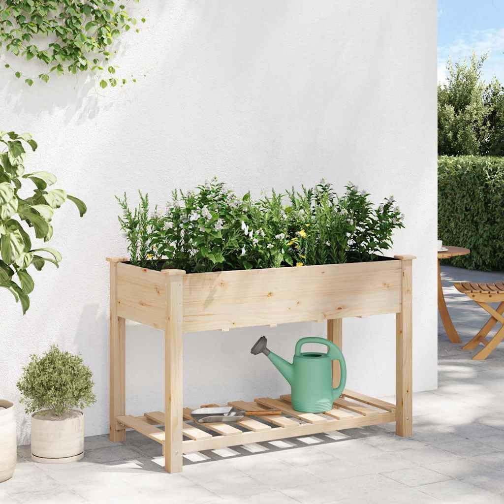 Jardinera de madera con práctica superficie de almacenamiento, jardinera para jardín y terraza, jardinera estable de madera maciza, para exteriores, color beige, 115 x 59 x 76,5 cm
