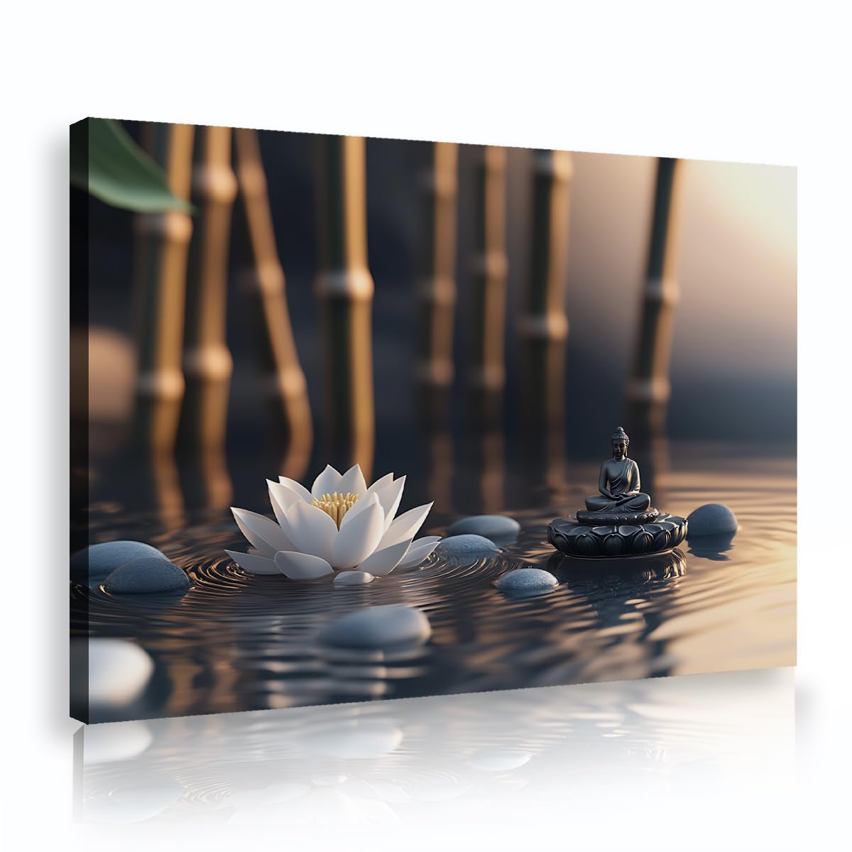 Via Vela Zen Buddha Canvas Wall Art, Meditating Statue with Lotus Flower and Bamboo, Modern Canvas Painting for Living Room Bedroom Spa Yoga Studio, Spiritual Wall Decor Ready to Hang 70x105cm