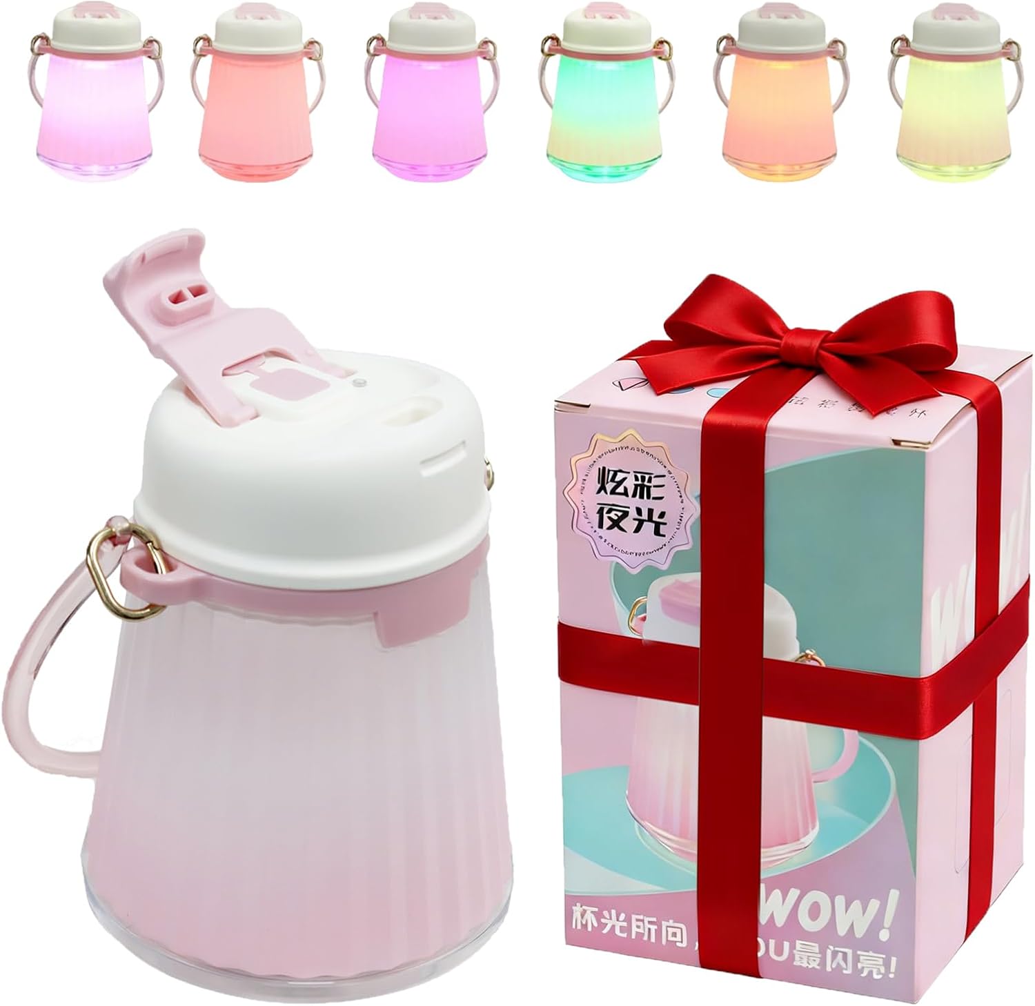Portable Water Bottle with Detachable Handle, 24 OZ Large Shatterproof Plastic Cup with 4-Color Changing LED Lights, Suitable for Travelling Camping Party Sport, Ideal Gift for Kids & Adults(Pink)