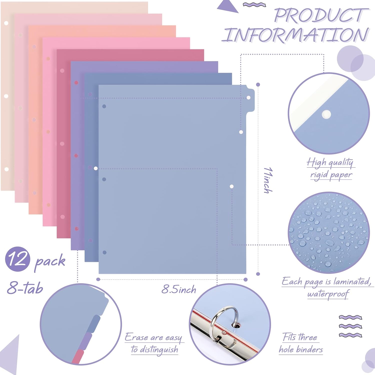 Honoson 12 Sets 8 Tab Dividers for 3 Ring Binders Plastic File 8.5 x 11 Inch Paper Multicolor Page Binder Index Dividers for School Office(Lilac Color)