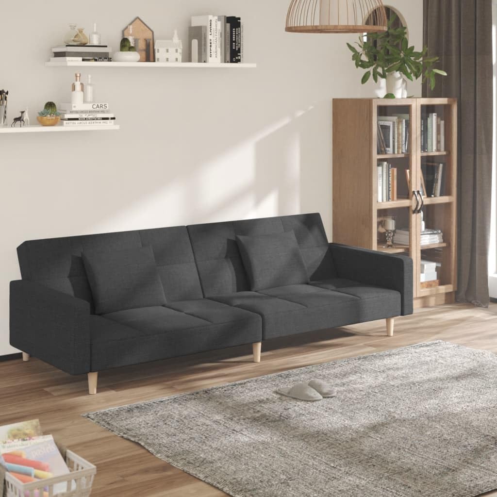 Sofá cama de 2 plazas, color gris oscuro, 220 x 84,5 x 69 cm, marco de madera, moderno con 2 cojines, función plegable, poco espacio, para sala de estar, dormitorio de invitados, oficina