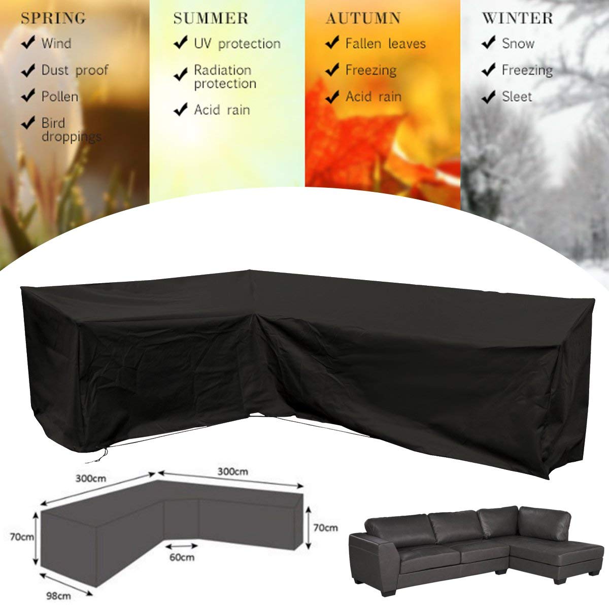 dDanke Black Universal L Shape Sofa Covers for Sunscreen Waterproof Dustproof Furniture Outdoor Cover, 118.11'' x 118.11'' x 38.58'' x 27.56''