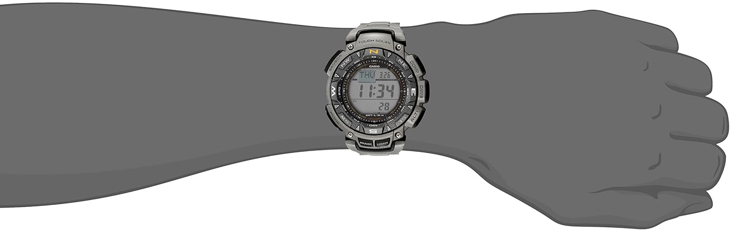 Casio PAG240T-7CR Pathfinder watch on a wrist, displaying time and sensor data.