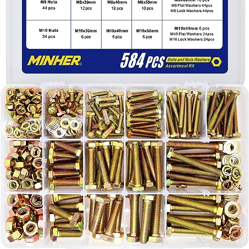 MINHER 584PCS M6 M8 M10 Heavy Duty Bolts and Nuts Assortment Kit Grade 8.8 Alloy Steel Hex Screws Nuts & Washers,kitIncludes 13 Regular Sizes(Large Box)